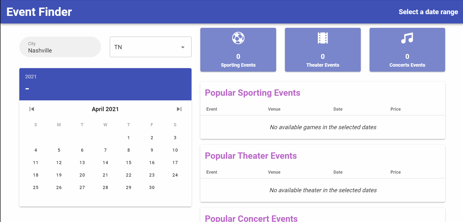 Gif of event dashboard app