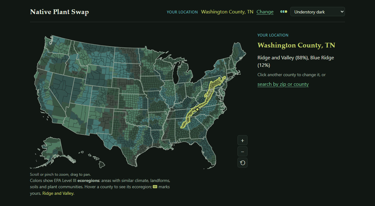Native Plant Swap map colored by ecoregion