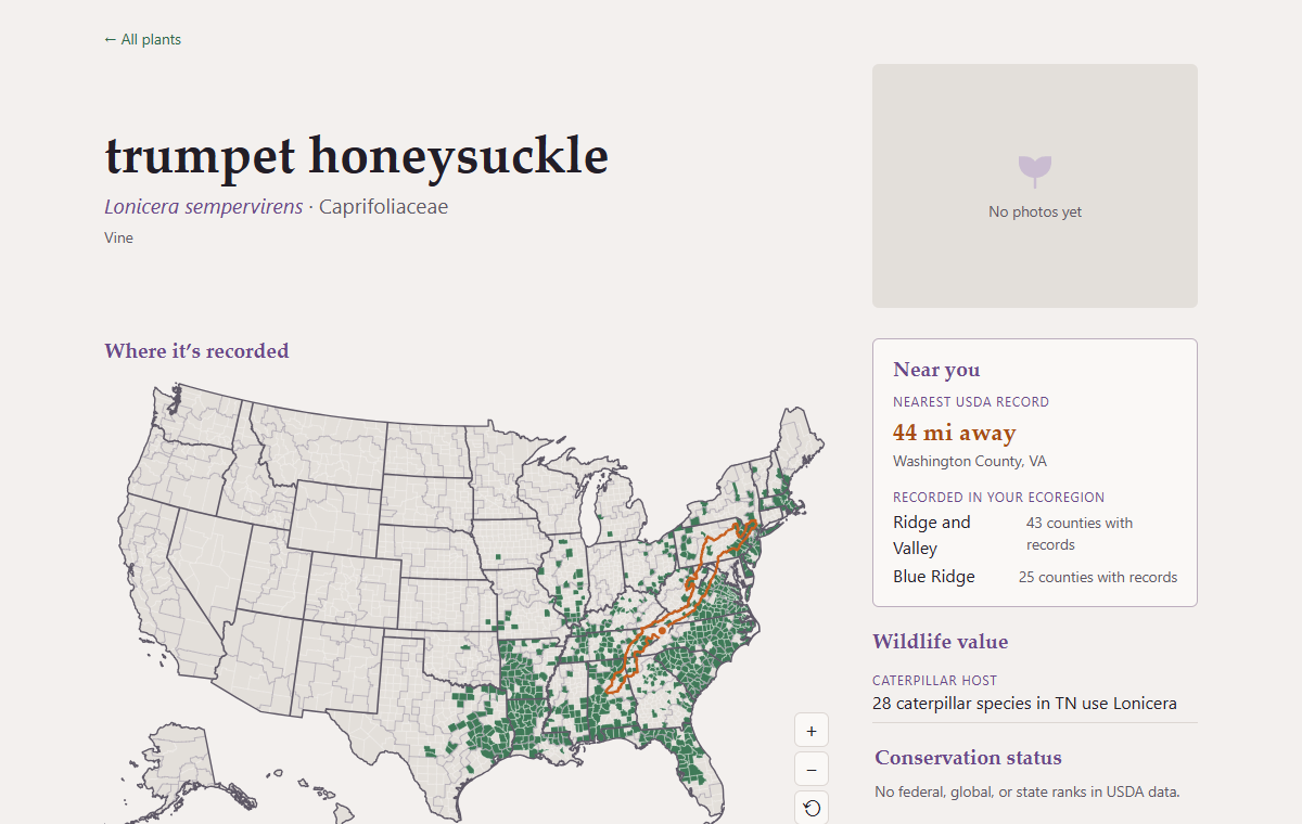 Plant page with a county range map and a Near you card